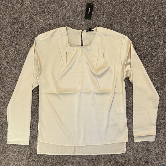 Express Womens Satin Long Sleeve Pleated Gramercy Tee Sandshell Size XS NWT $54 - Picture 5 of 16